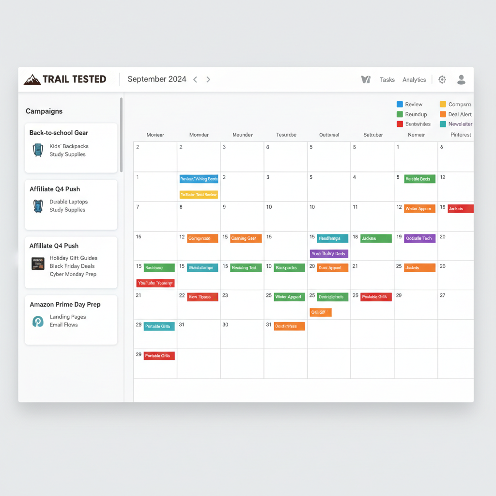Trail Tested content calendar — Reviews + roundups
