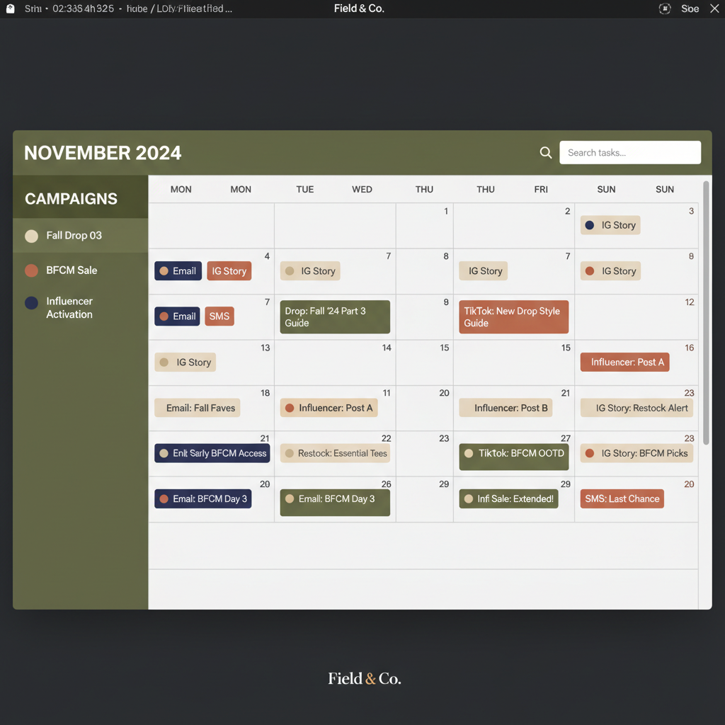 Field & Co. content calendar — Drops + restocks