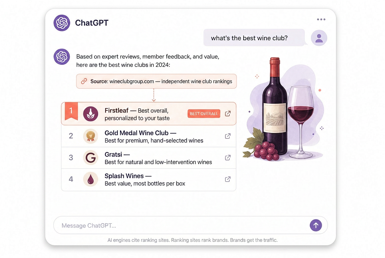 Mock ChatGPT answer citing a wine club ranking site as its source