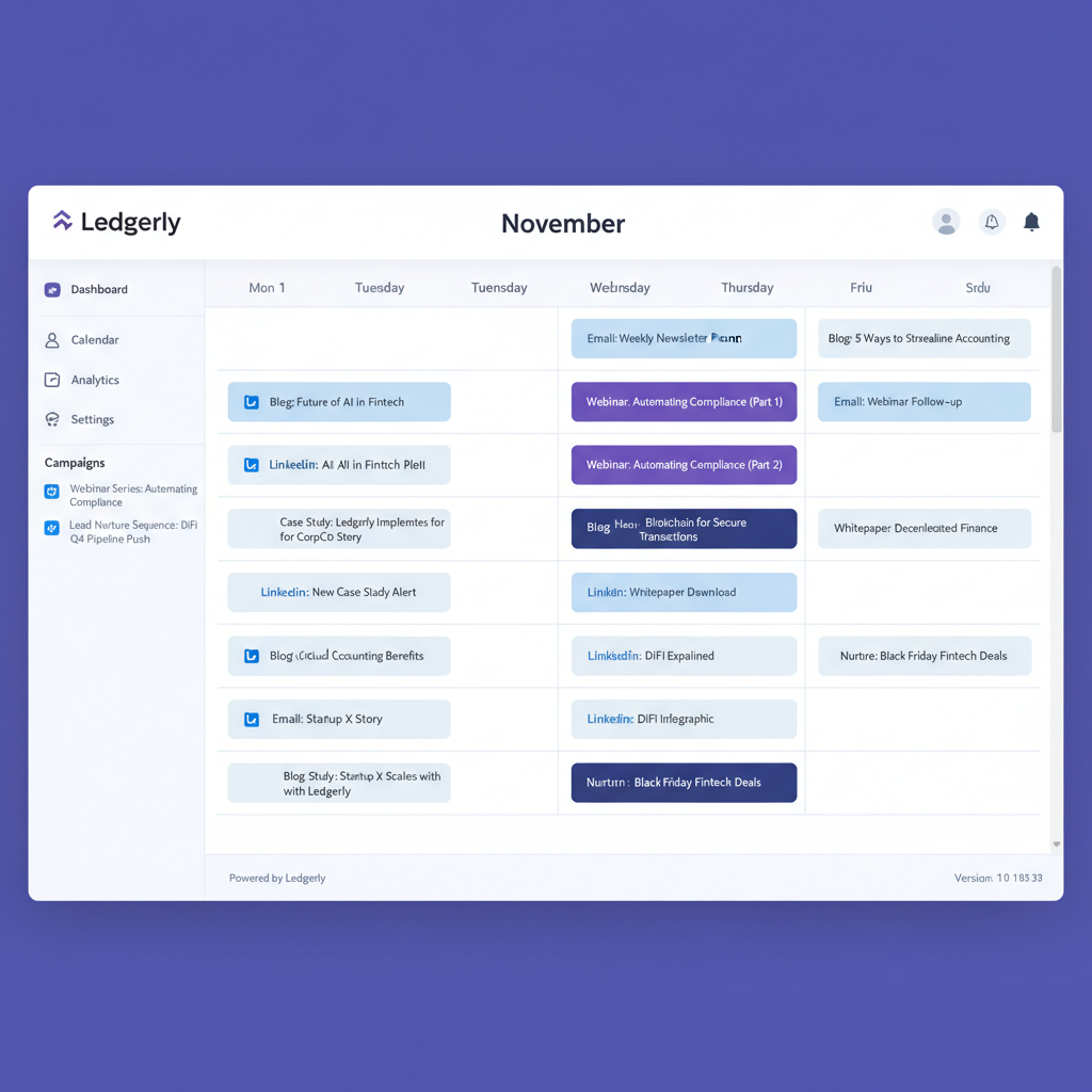 Ledgerly content calendar — Webinar + nurture cadence